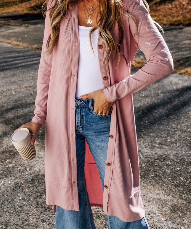 Pink Ribbed Button-Up Split Duster Cardigan