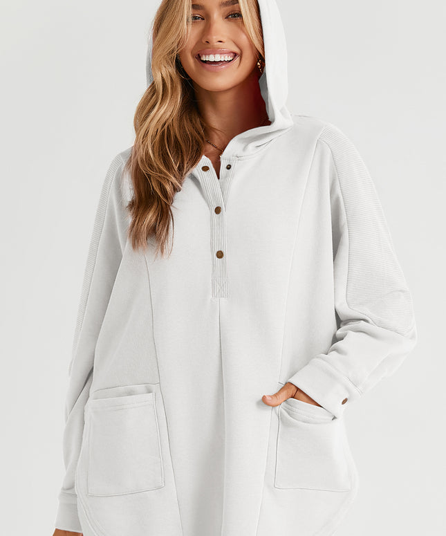 White Patchwork Side Pockets Oversized Henley Hoodie
