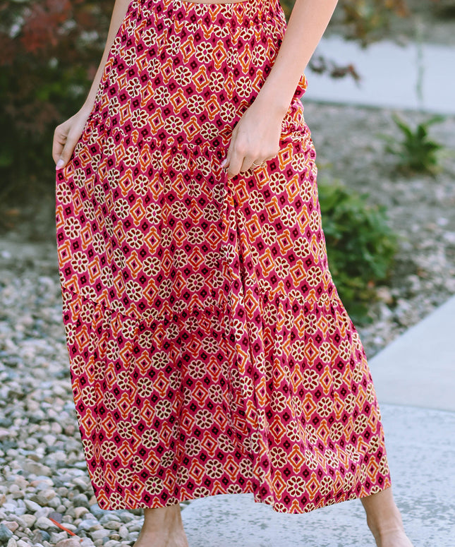 Rose Vintage Boho Floral Print Tiered Maxi Skirt