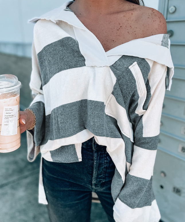 Stripe Oversized Collared Long Sleeve Top