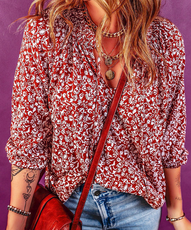 Burgundy Floral Print Smocked Tie Neck Blouse